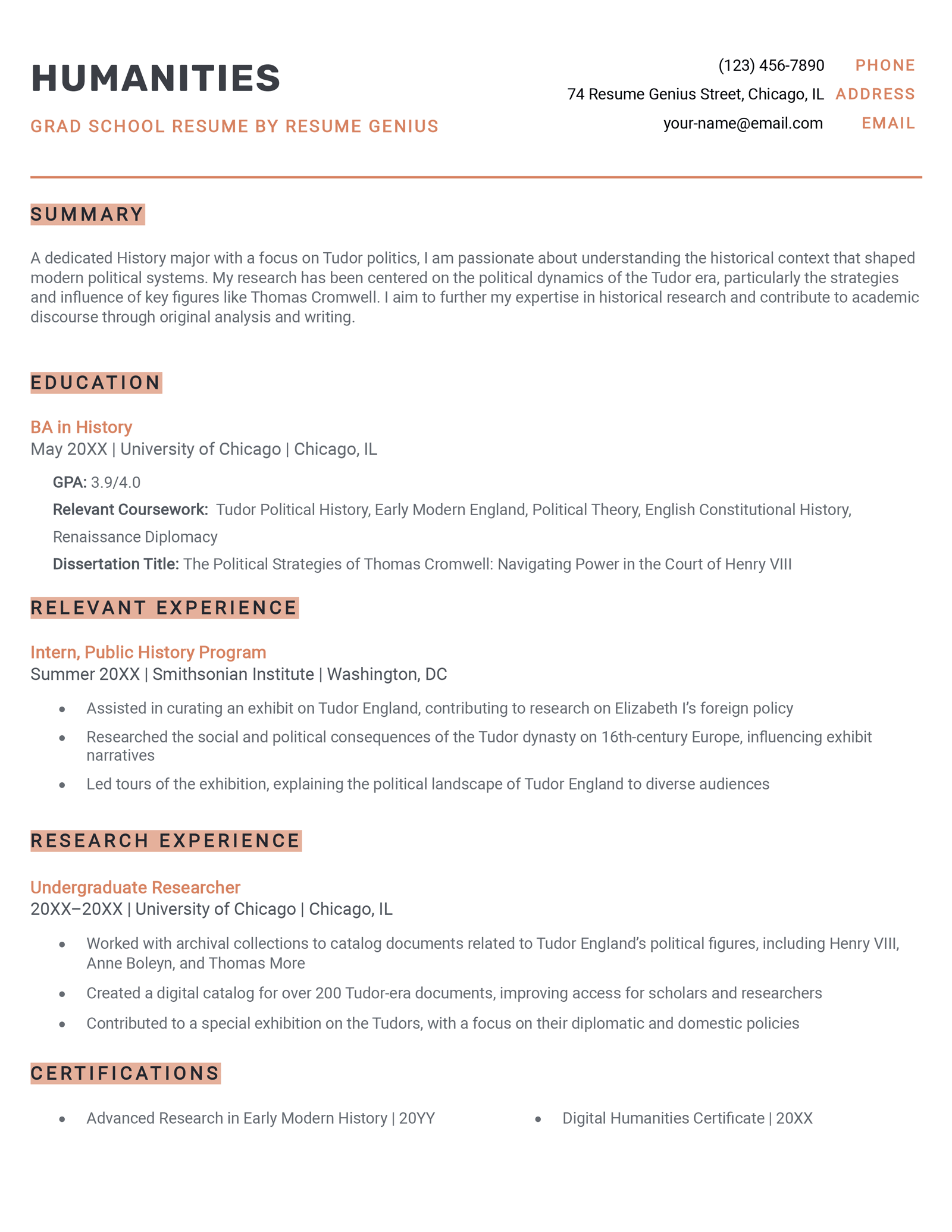 A humanities grad school resume example.