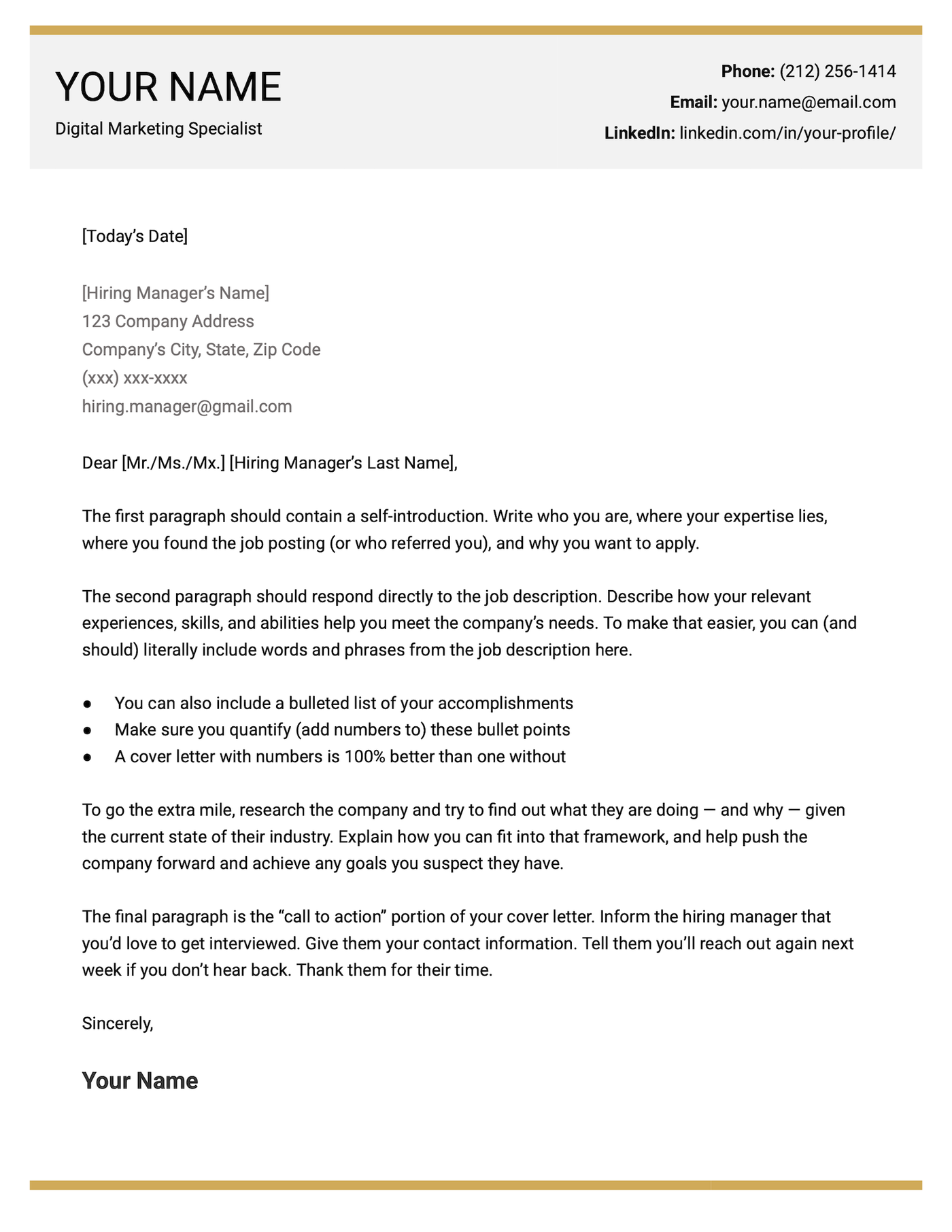 The Hybrid cover letter template for Google Docs.