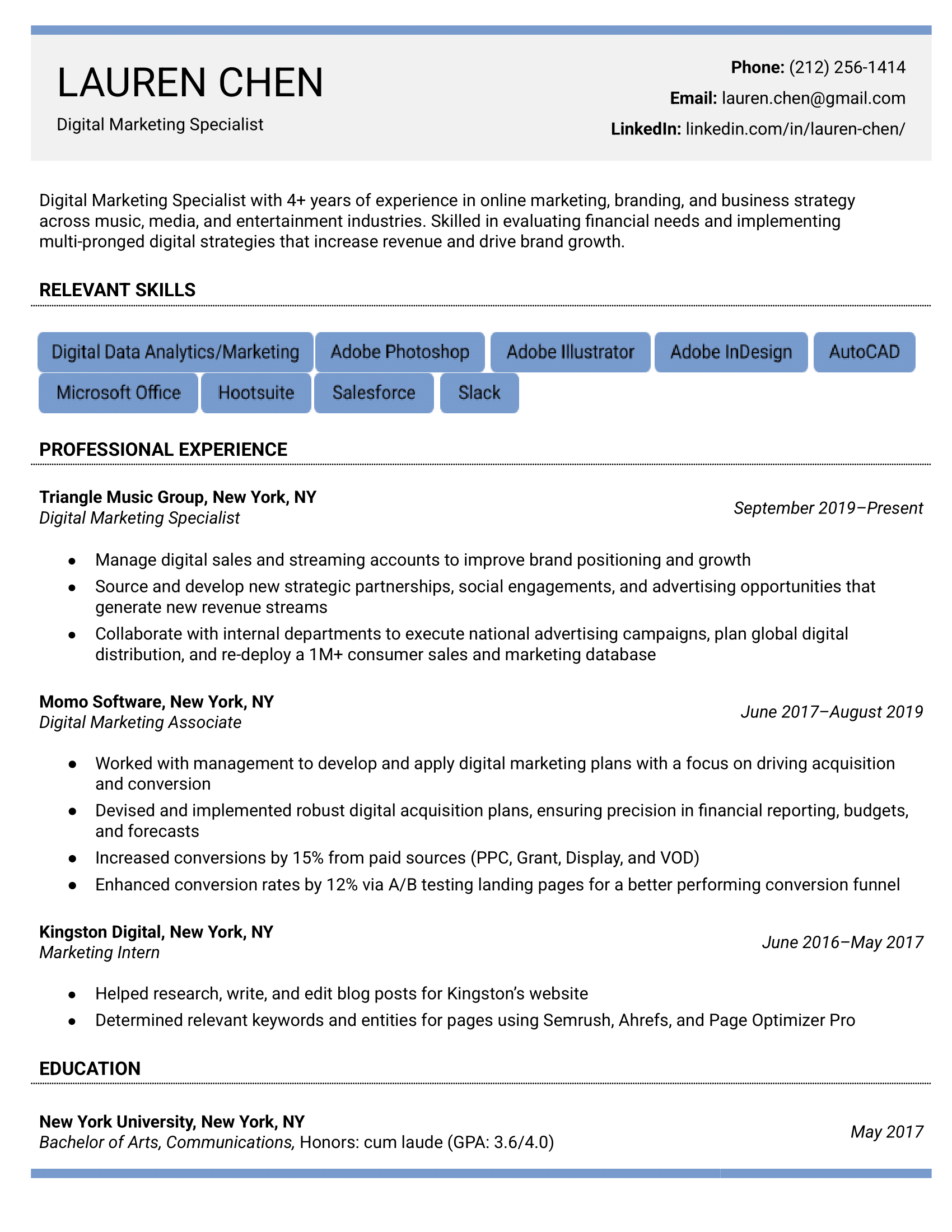 Modern Google Docs resume template in blue with skill bubbles at the top.
