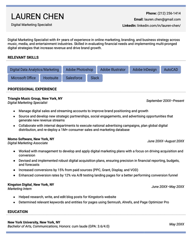 Modern Google Docs resume template in blue with skill bubbles at the top.