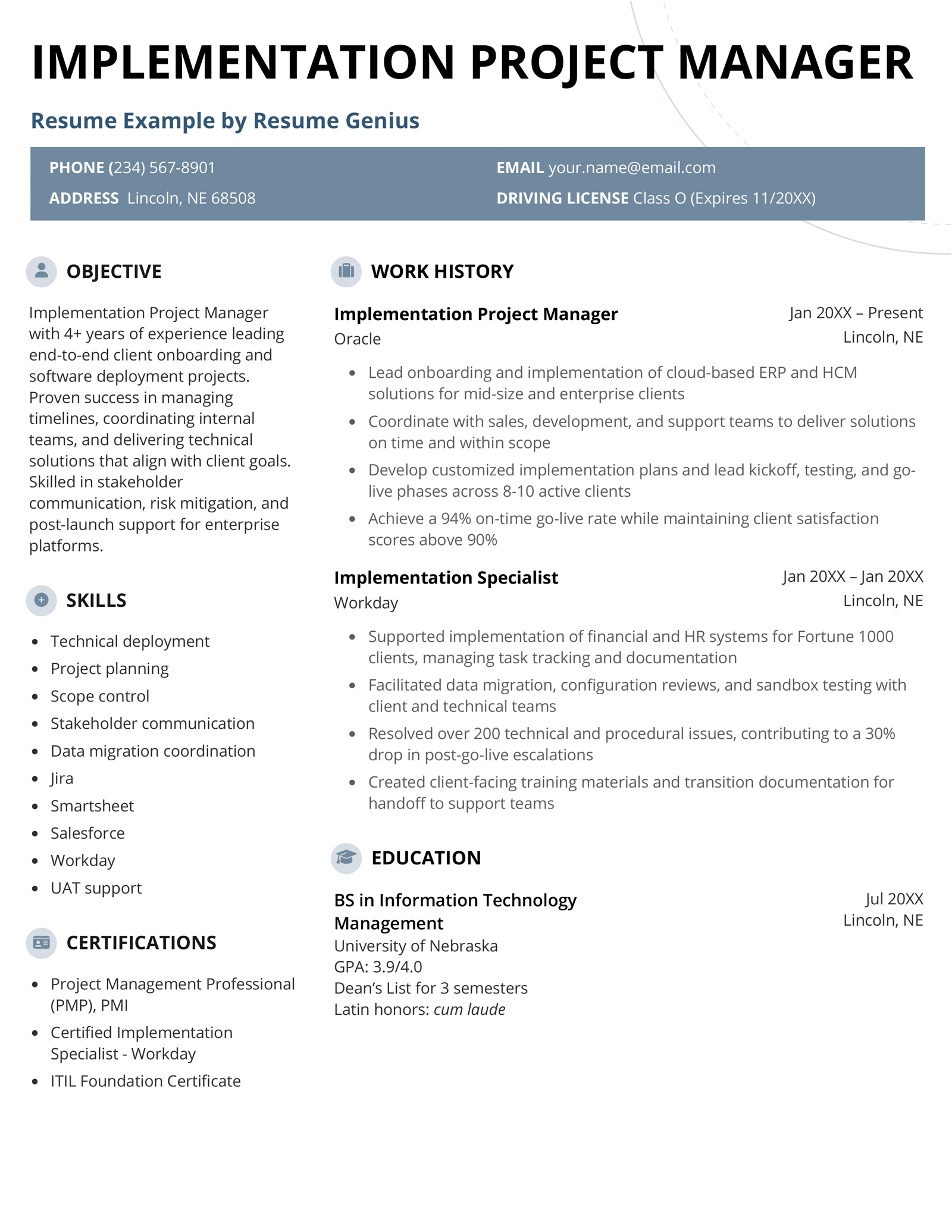An implementation project manager resume example.