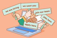 An image for the Resume Genius In-Demand Jobs Report showing different hiring managers' hands holding signs to show job openings