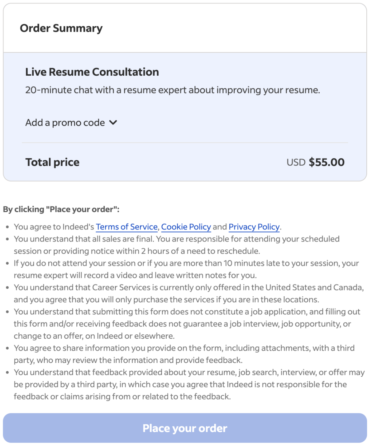 A screenshot of the payment page of Indeed