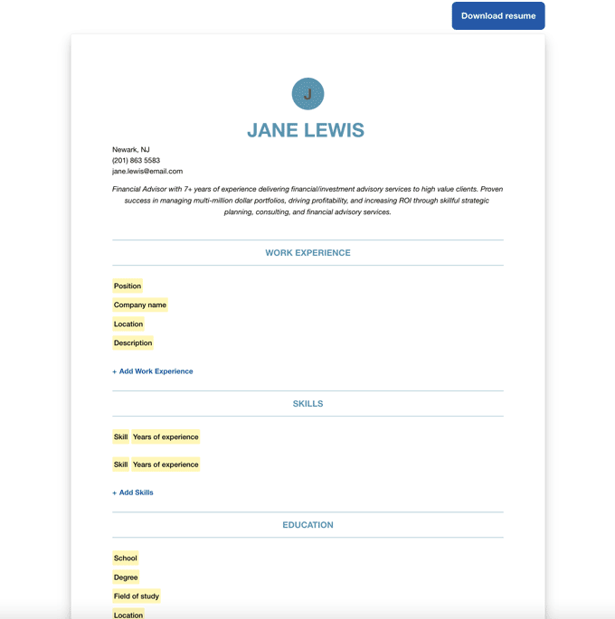 Image of the first section of the template completed for the Indeed resume review.