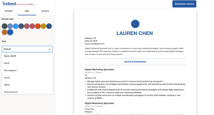 Image of the color and font options for the Indeed resume review.