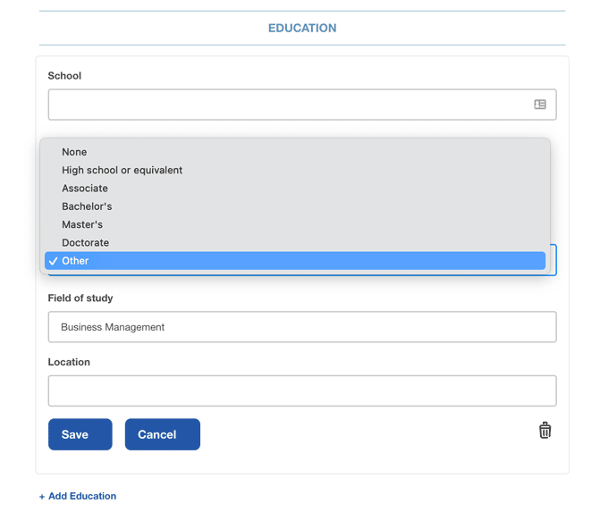 Image of education formatting for the Indeed resume review.