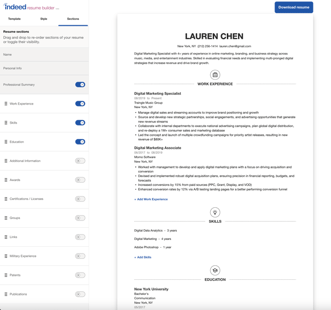 Image showing the additional sections for the Indeed resume review.