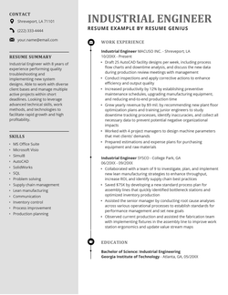 An industrial engineer resume example with a green header to make the applicant's name stand out