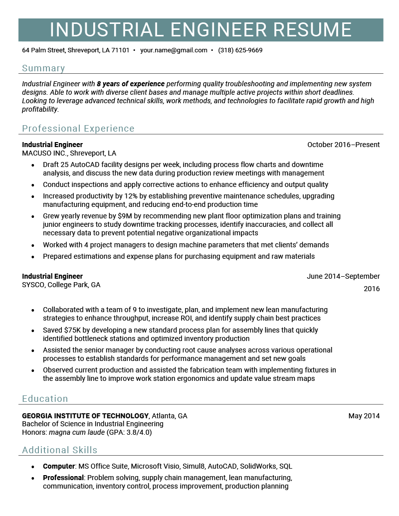 An industrial engineer resume example with a green header to make the applicant's name stand out