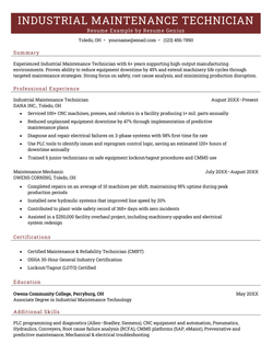 An industrial maintenance technician resume example.