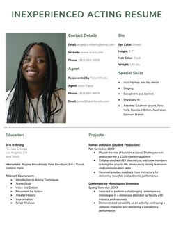 Example of an acting resume for an entry-level candidate who recently graduated, with a headshot, contact info for the candidate and agent, special skills, and an expanded education section and project section that highlight the relevant experience gained through school.