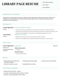 Entry level resume example with green highlights for a high school student applying to be a library page