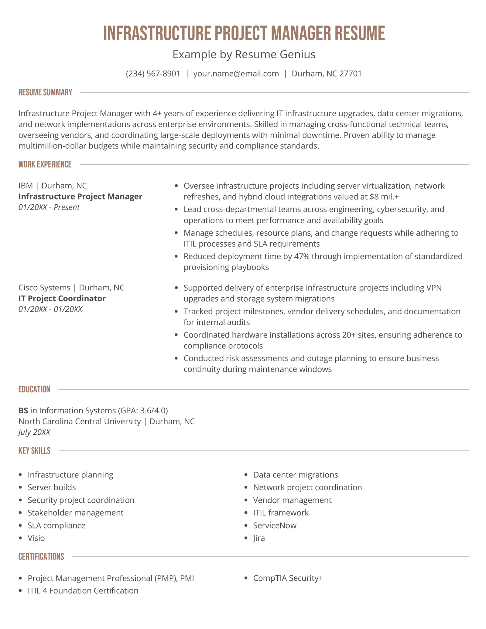 An infrastructure project manager resume example.