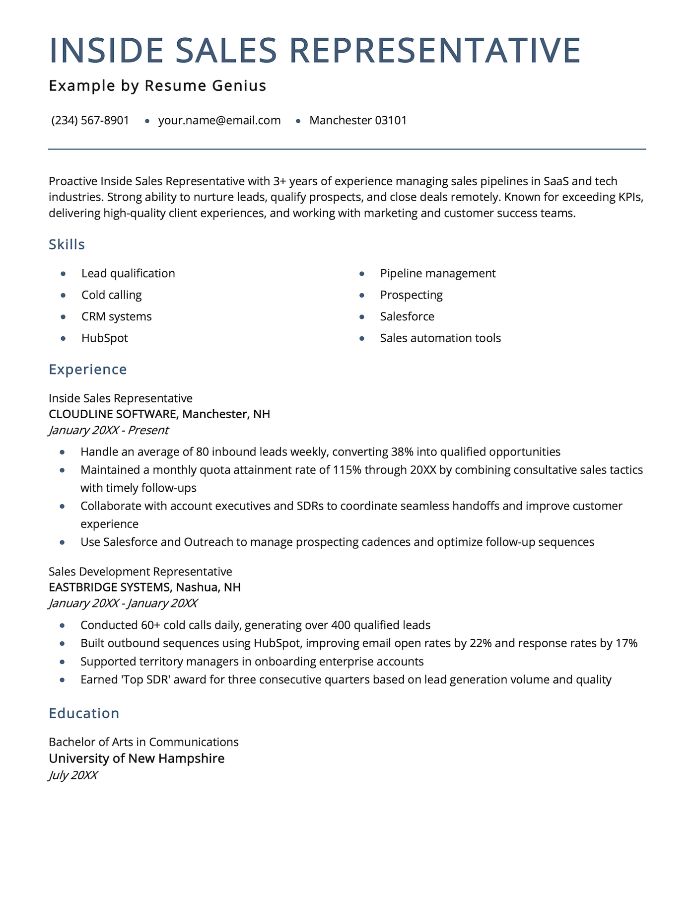 An inside sales representative resume example.