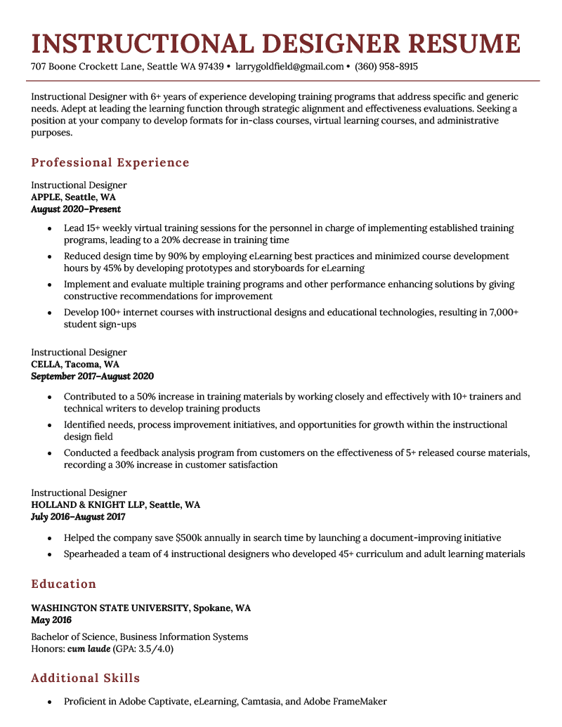 An instructional designer resume example on a template with a brick red header to highlight the applicant's name and contact details, followed by more brick red headings that introduce the resume's other sections