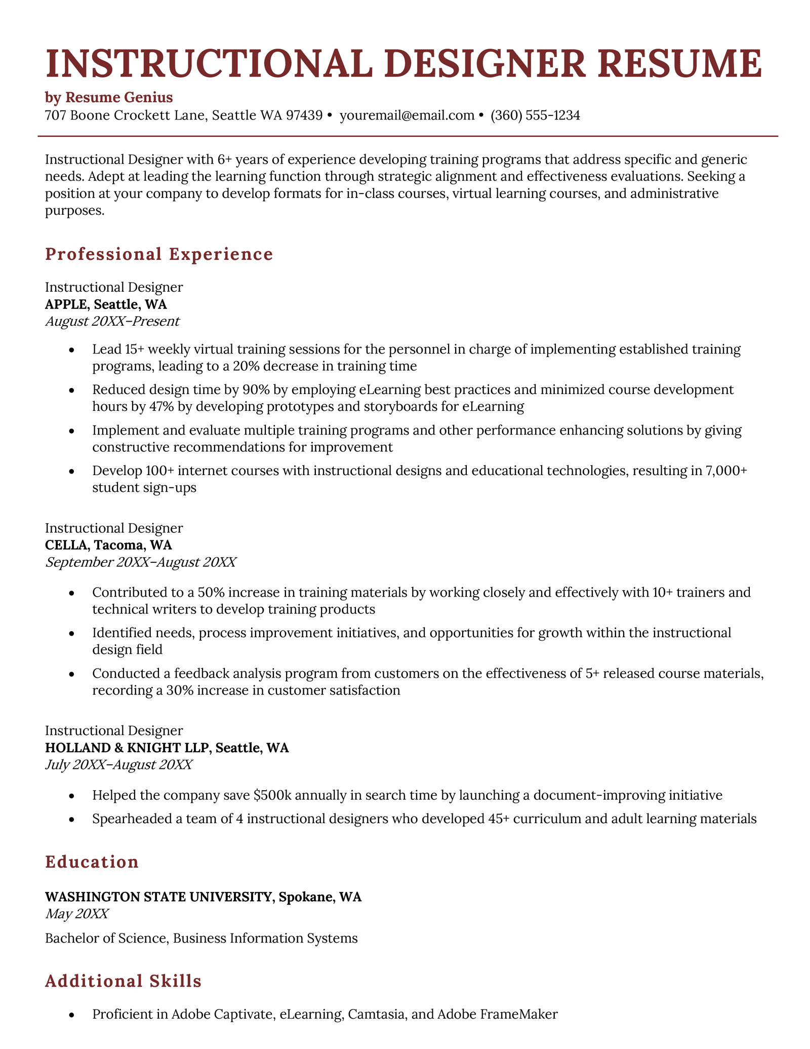 An instructional designer resume example on a template with a brick red header to highlight the applicant