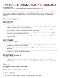 An instructional designer resume example on a template with a brick red header to highlight the applicant's name and contact details, followed by more brick red headings that introduce the resume's other sections