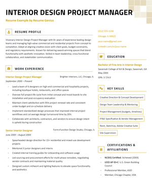 An interior design project manager resume example.
