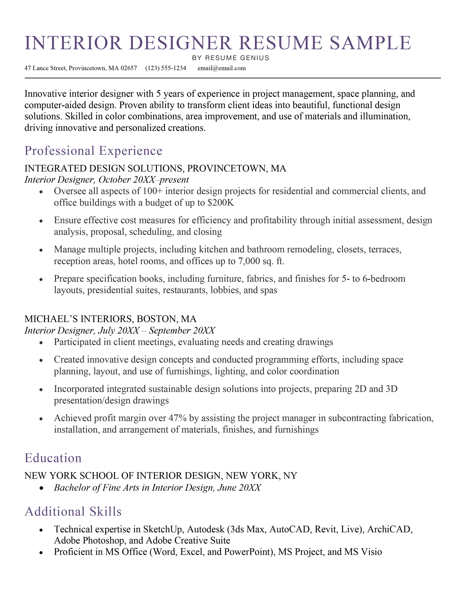 An example of an interior design resume.