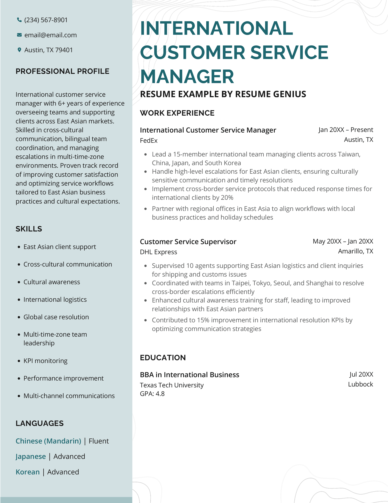 An international customer service resume example.