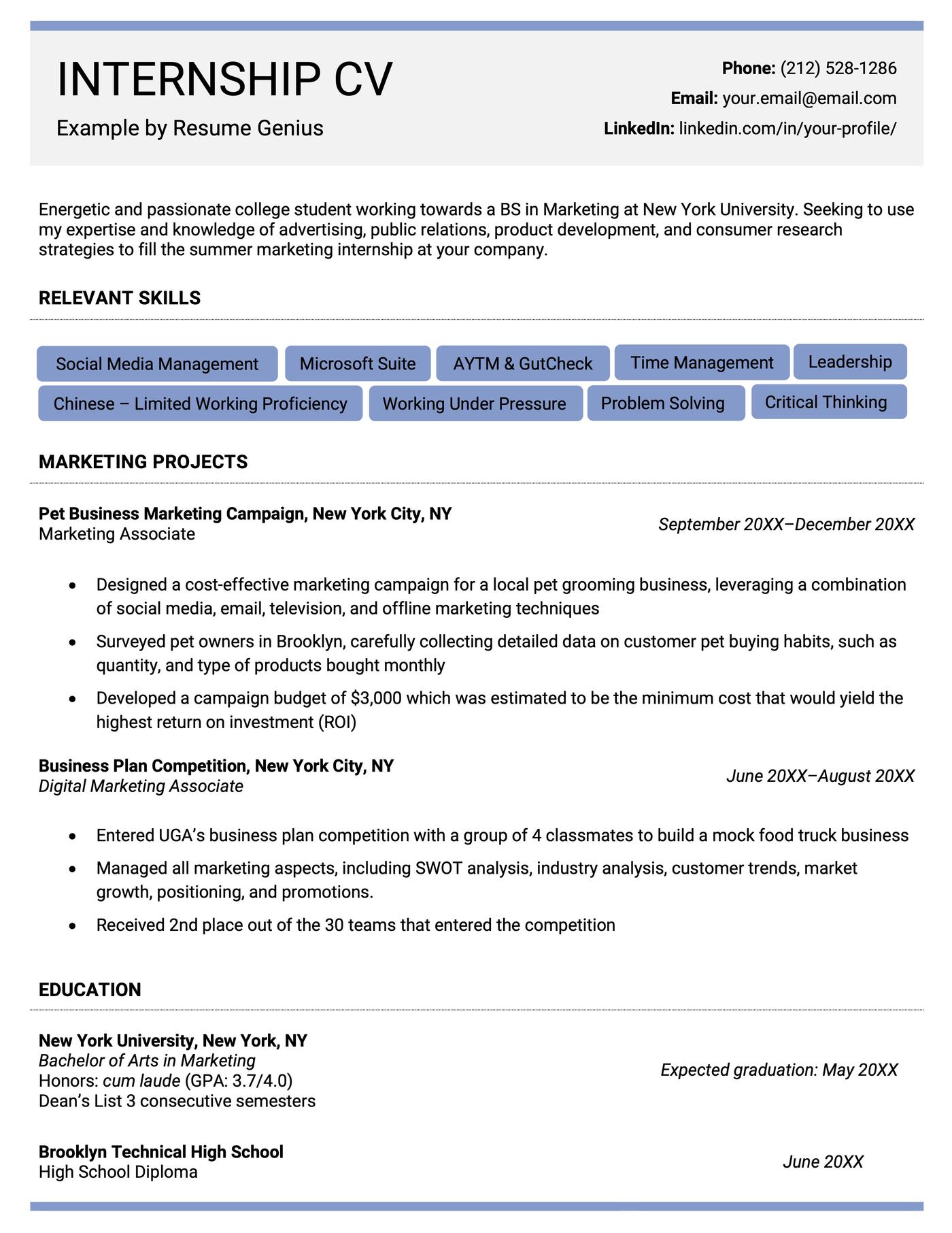 An example CV for a student internship. 