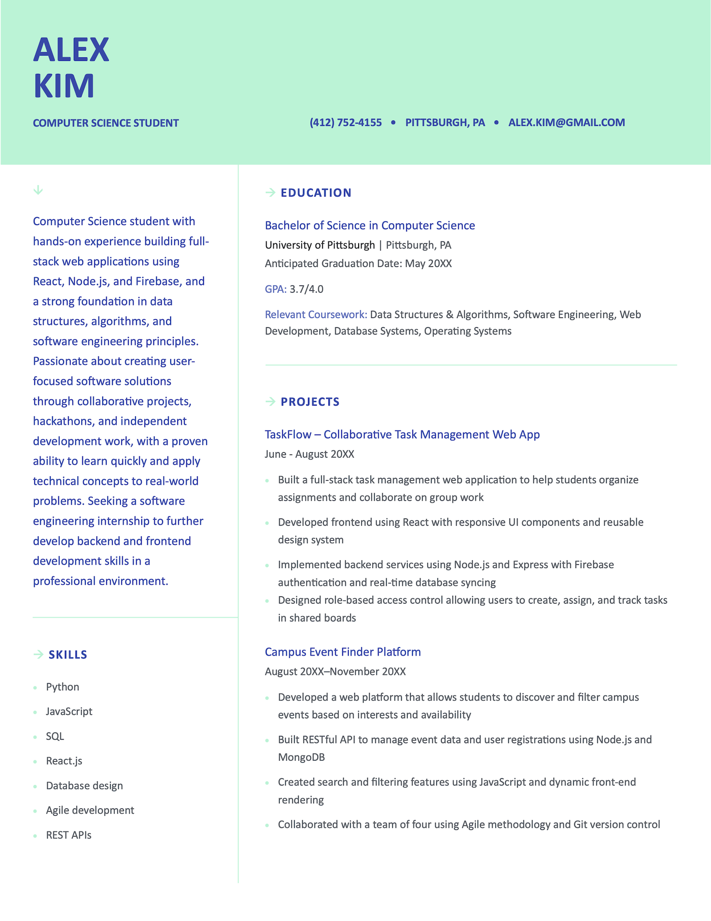 A resume example for a student applying for an internship.