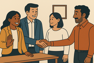 Illustration of people discussing ideas and demonstrating interpersonal skills.