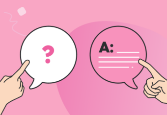 An illustration of two speech bubbles in which someone is asking an interview question, while another person provides an appropriate answer to that question. The speech bubbles are featured on a pink background.