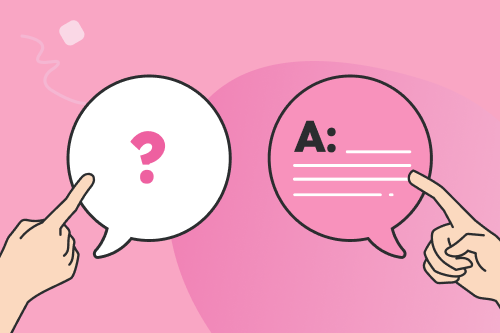 An illustration of two speech bubbles in which someone is asking an interview question, while another person provides an appropriate answer to that question. The speech bubbles are featured on a pink background.
