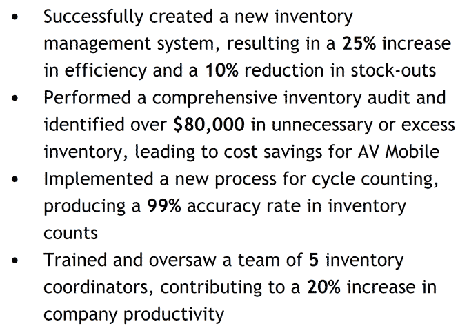 An example of four work experience bullet points displaying an applicant's key achievements on their inventory manager resume