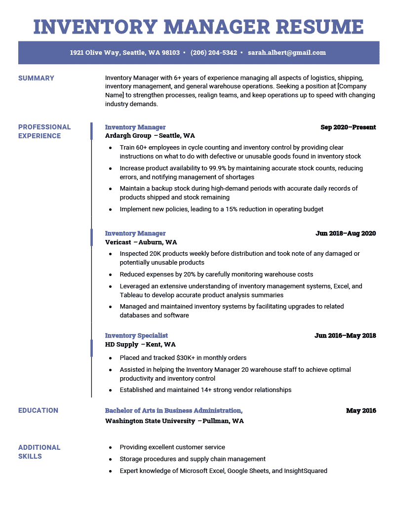 An inventory manager resume example with an ice blue header to highlight the applicant's name as well as each resume section, such as the summary, professional experience, education, and additional skills