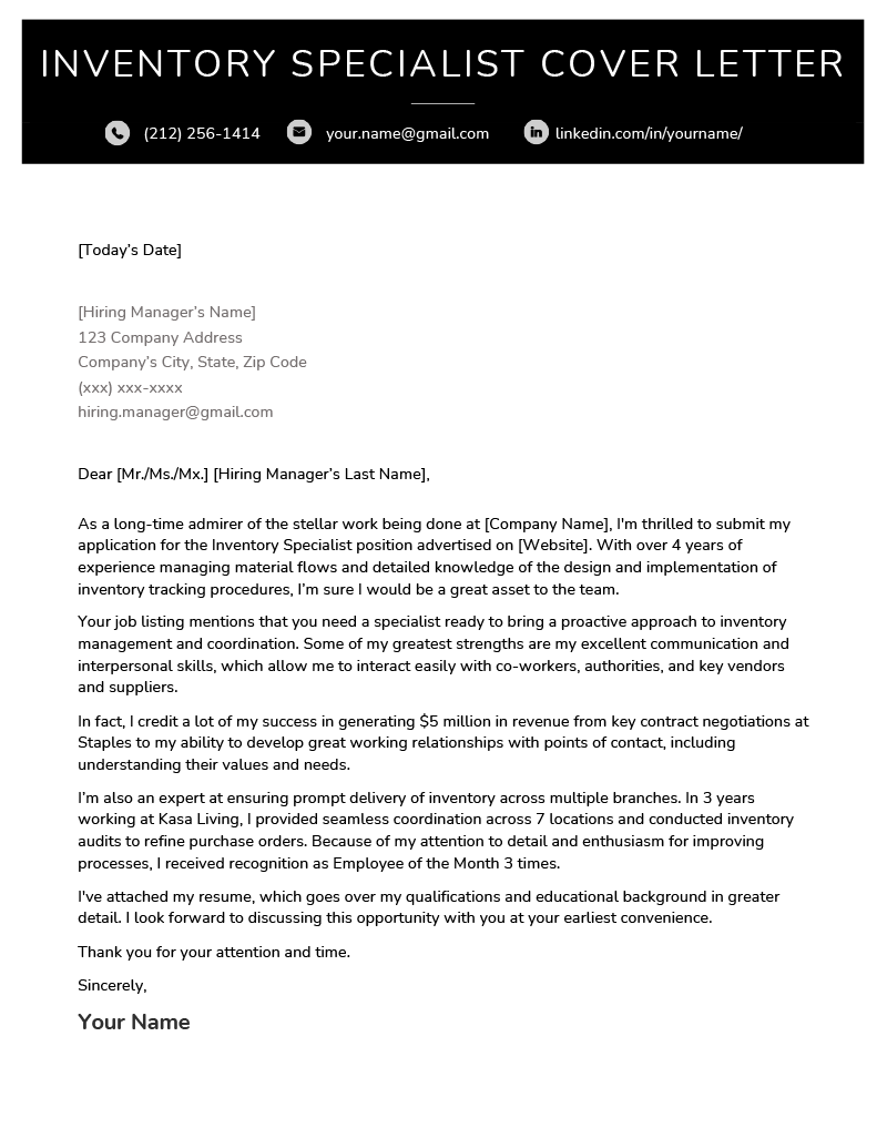 An example of a cover letter for an inventory specialist with a black header at the top