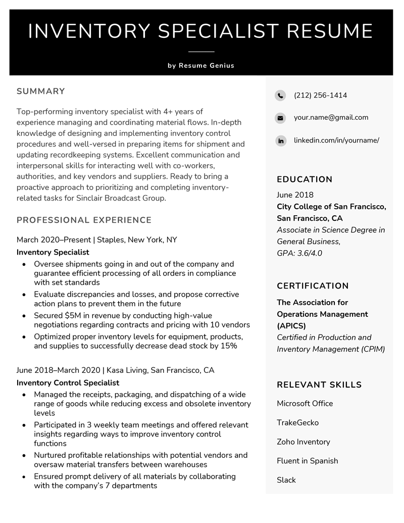 Inventory Specialist Resume Example & Skills