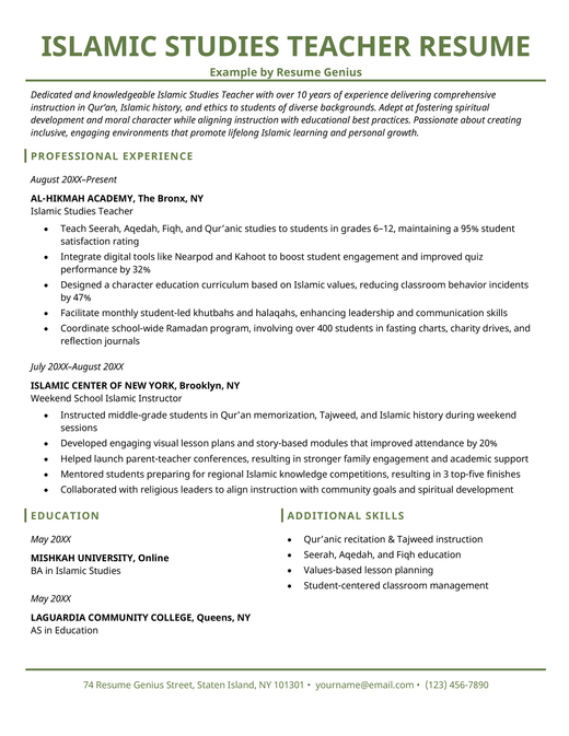 An Islamic studies teacher resume example.