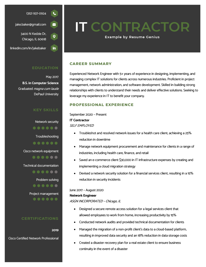 An IT contractor resume example for a network engineer with 5 years of experience