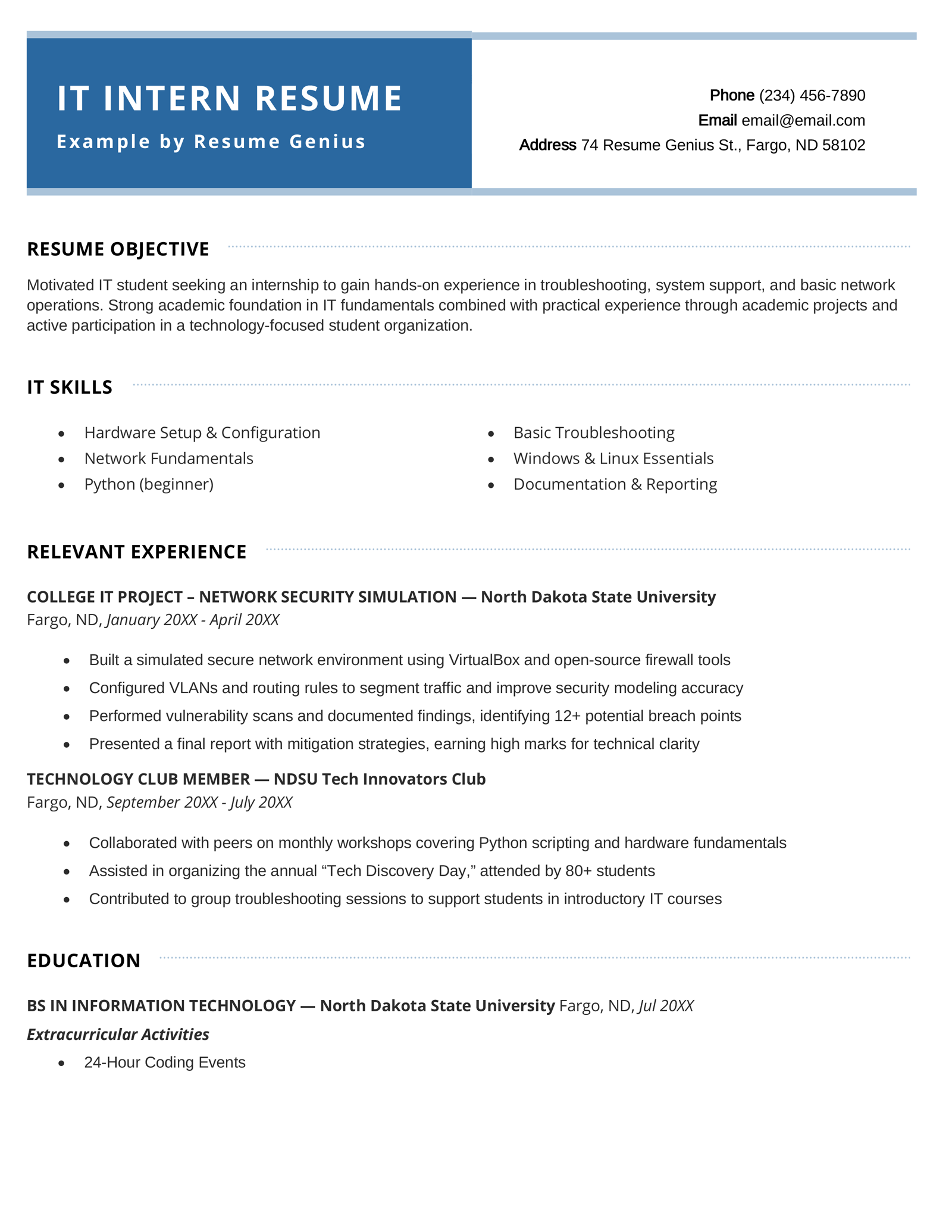 An IT intern resume example.
