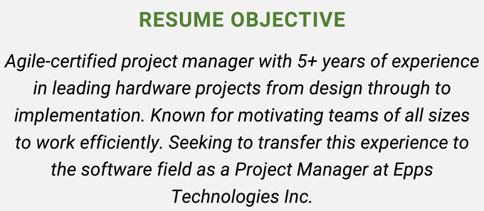 An IT project manager resume objective with a green header on a gray background and three sentences set in italic text