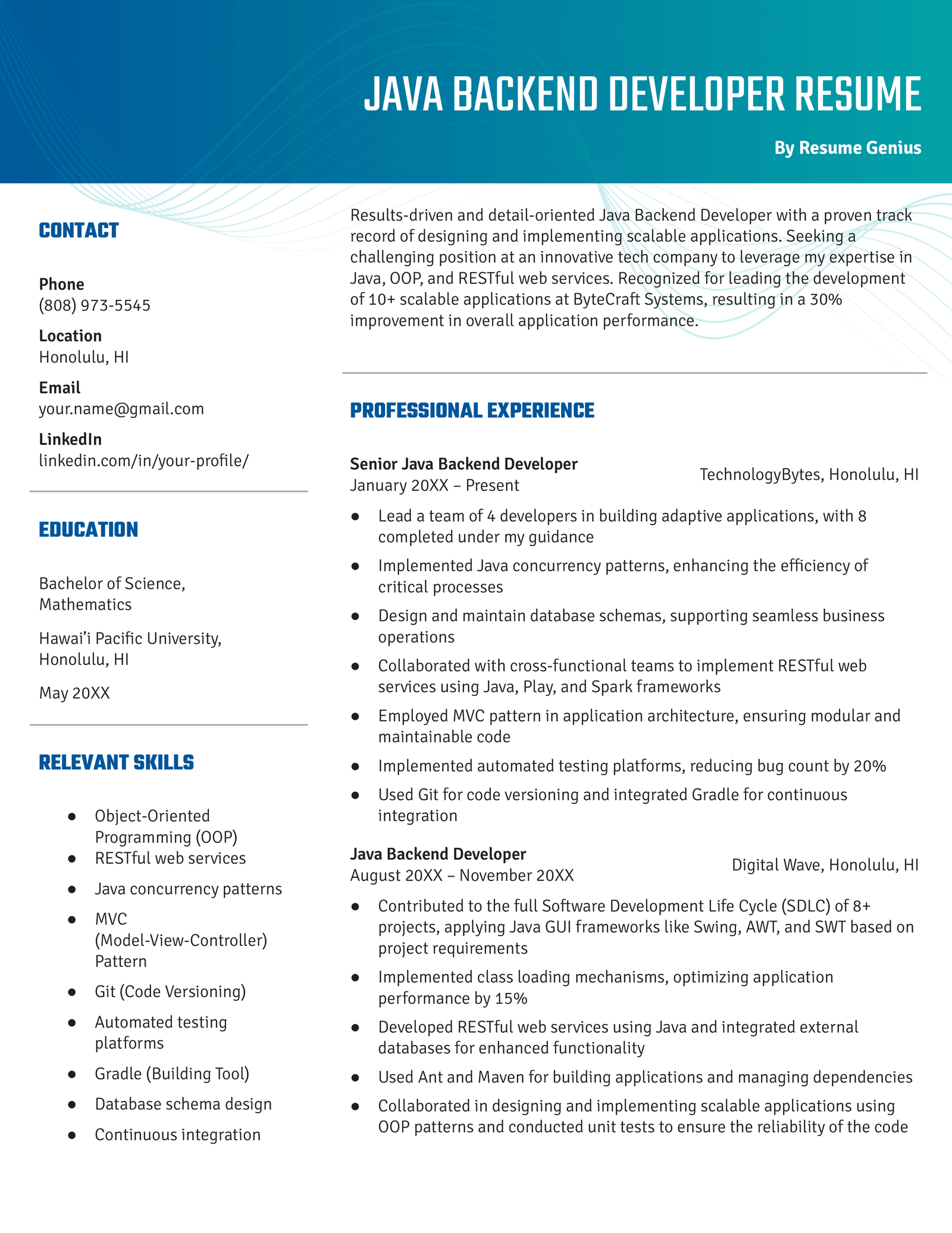 Example of a Java backend developer resume using the Aesthetic template in blue, with a two-column layout.