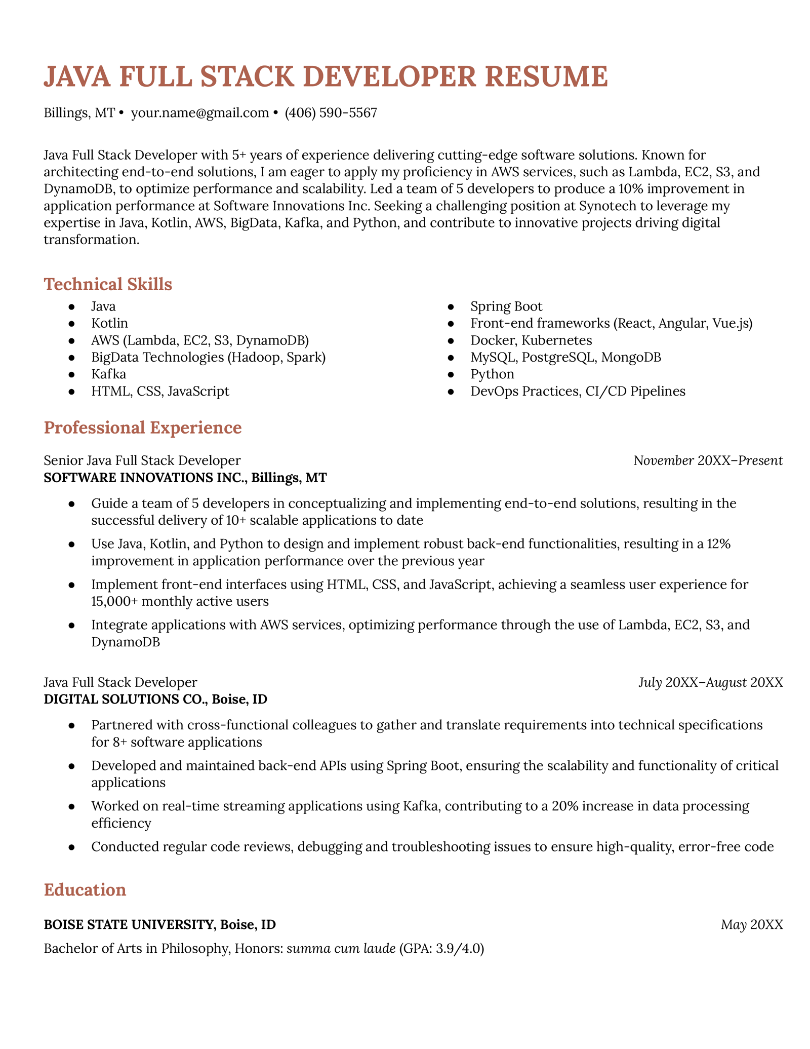 Example of a Java full-stack developer resume using the Milano template in coral, with a simple layout and technical skills placed at the top.