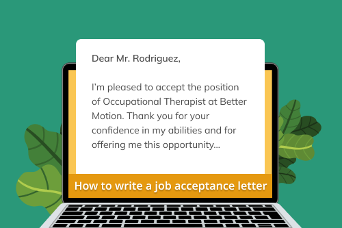A graphic showing a job acceptance letter on a computer placed against a dark green background