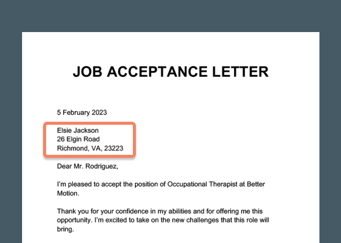 A job acceptance letter on a gray background with the candidate's contact information highlighted.