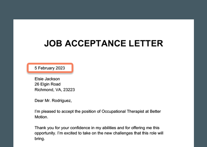 A job acceptance letter on a gray background with the date highlighted.
