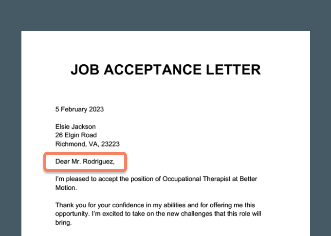 A job acceptance letter on a gray background with the employer's name highlighted.