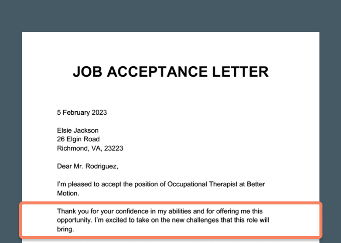A job acceptance letter on a gray background with the paragraph where the candidate thanks the employer highlighted.