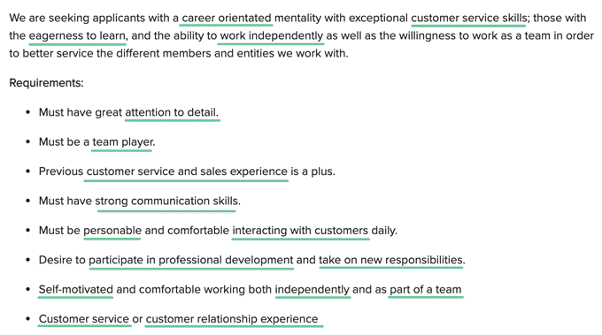 a job advertisement with desired soft skills and experience examples underlined in green