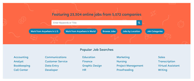 An example screenshot of the FlexJobs job search engine showing the various ways job seekers can narrow their search