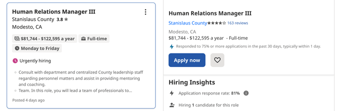 An example screenshot from Indeed showing important information about the job like salary and company rating