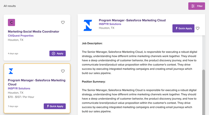 An example screenshot of job listings on Monster demonstrating their quick apply feature