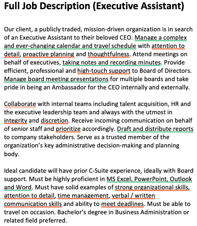 a screenshot taken of an executive assistant job description that highlights hard skills with green underlines and soft skills with orange underlines