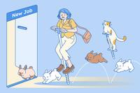 A cartoon representing job hopping, showing a woman on a pogo stick hopping toward a door labeled "New Job" and accompanied by hopping bunnies and a cat on a pogo stick behind her.